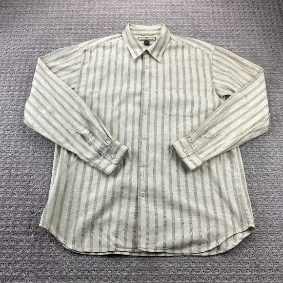 Vintage Tommy Bahama Floral Shirt Men XL Beige Gray Striped Long Sleeve Polo - Picture 1 of 11